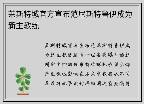 莱斯特城官方宣布范尼斯特鲁伊成为新主教练